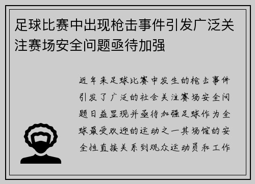 足球比赛中出现枪击事件引发广泛关注赛场安全问题亟待加强