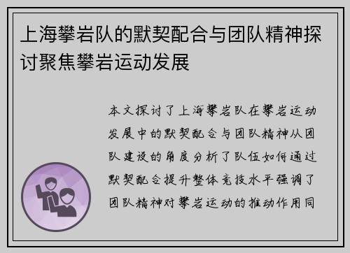 上海攀岩队的默契配合与团队精神探讨聚焦攀岩运动发展